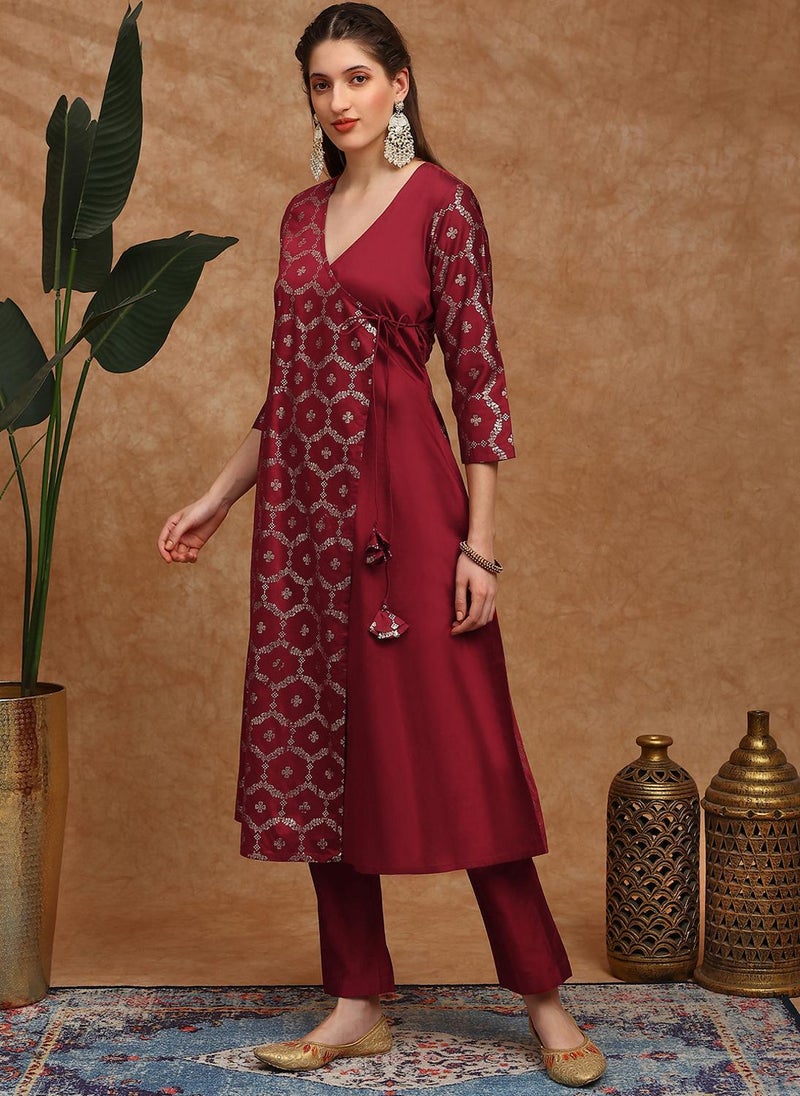 Globus Women Maroon V-Neck Floral Foil Print Angrakha A-Line Kurta With Pants Festive Set - Image 3